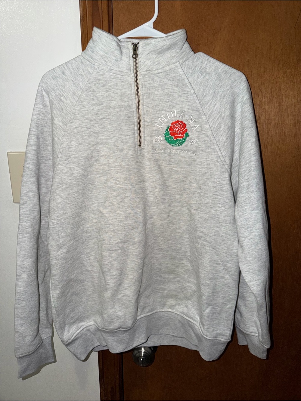 Light Gray Half-Zip Sweatshirt with Rose Crest